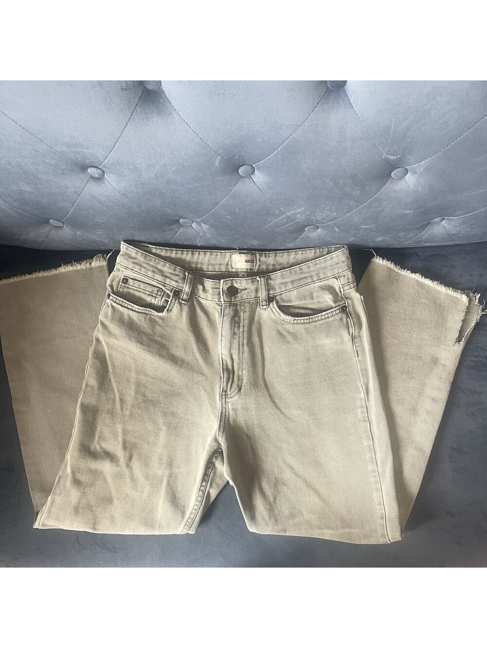 Amuse Society Sz 28 High Rise Distressed Straight Jeans Olive Sage Raw Hem Denim